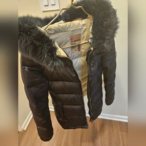 Authentic Prada Puffer Down Fox Fur Jacket with Metal Logo